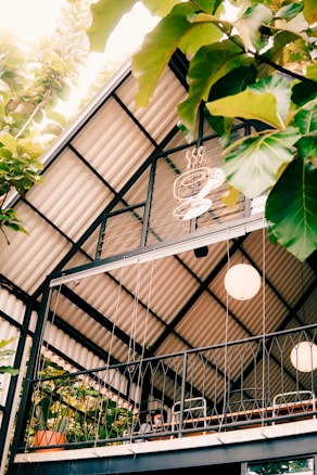 A modern cafe setting with a transparent ceiling allowing natural light to filter through. Large potted plants and leafy branches frame the outdoor seating area. The interior features minimalist metal railings and suspended circular lights. A neon coffee cup sign adds a playful touch.