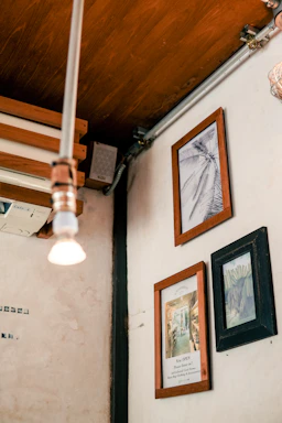 A cozy corner of the gallery with soft lighting highlighting vibrant artwork on the walls.