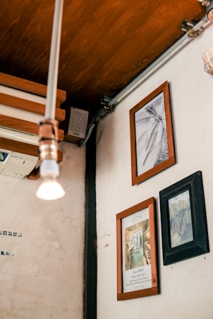 A corner of a room with a wooden ceiling and framed pictures on the walls. The lighting is soft, with a visible light bulb hanging from the ceiling. The artwork includes a botanical illustration and a mixed-media piece.