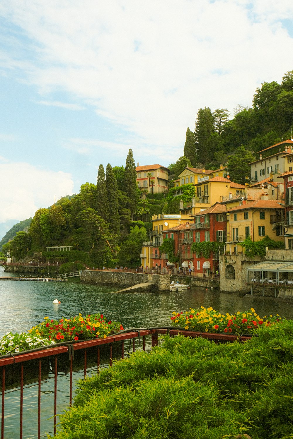 a scenic view of a town by the water