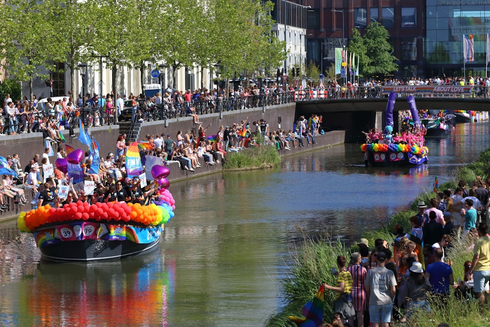 a boat with a float in the middle of a river