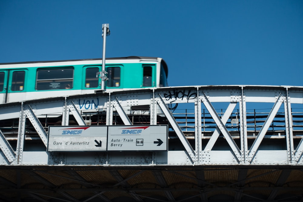 a train traveling over a bridge with a sky background