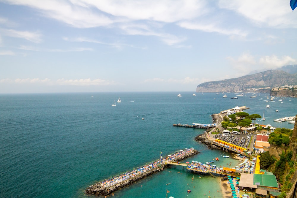 a view of a harbor with boats in the water