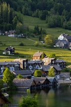 A serene village landscape showcasing traditional houses and greenery.