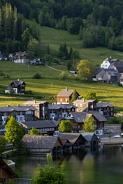 A serene village landscape showcasing traditional houses and lush greenery.
