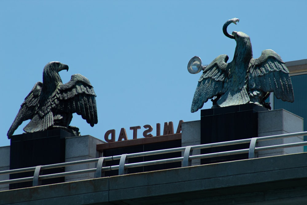 Due statue di uccelli sulla cima di un edificio