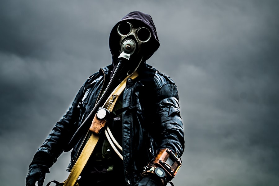 Figure in tactical gear and gas mask