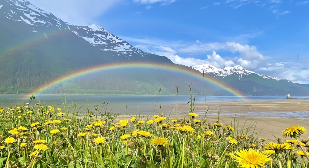 a rainbow in the sky over a lake and mountains