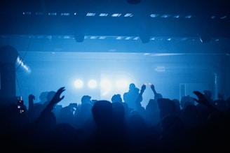 Crowd raising hands in a dimly lit venue with vibrant neon accents