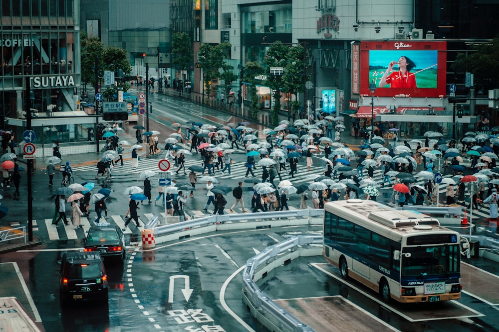 a large group of people with umbrellas crossing a street