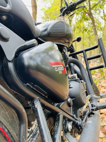 A close-up angle of a motorcycle focusing on its black metal components, with the 'Classic 350' badge visible. The background includes a blurred view of trees and dry leaves on the ground.