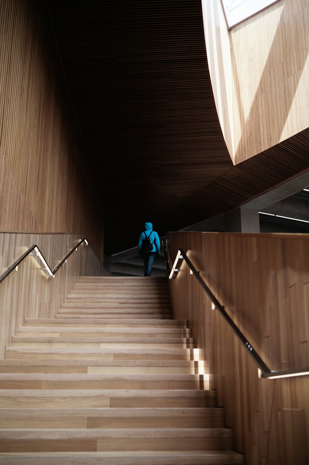 a man walking up a flight of stairs