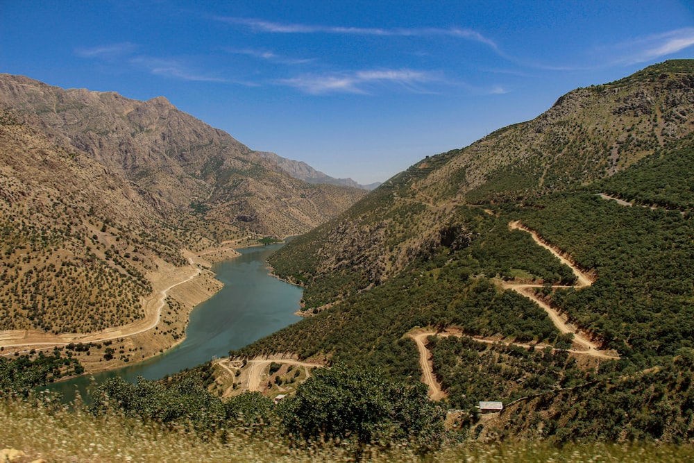 a scenic view of a river surrounded by mountains