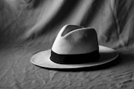 A classic fedora hat with a textured surface and a dark band around the base rests on a draped, slightly wrinkled fabric background. The setting is minimalist, with a focus on the hat's elegant shape and the interplay of textures.