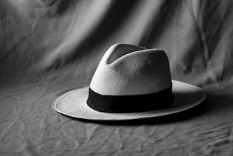 A classic fedora hat with a textured surface and a dark band around the base rests on a draped, slightly wrinkled fabric background. The setting is minimalist, with a focus on the hat's elegant shape and the interplay of textures.