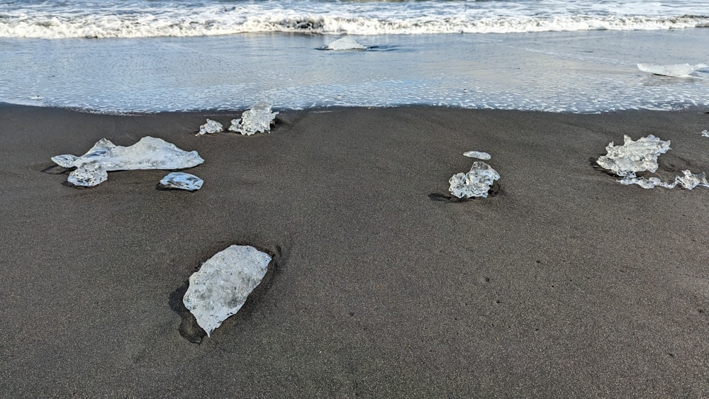 a group of rocks sitting on top of a sandy beach