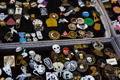 Close-up of limited edition Disney pins featuring vibrant colors and intricate designs.