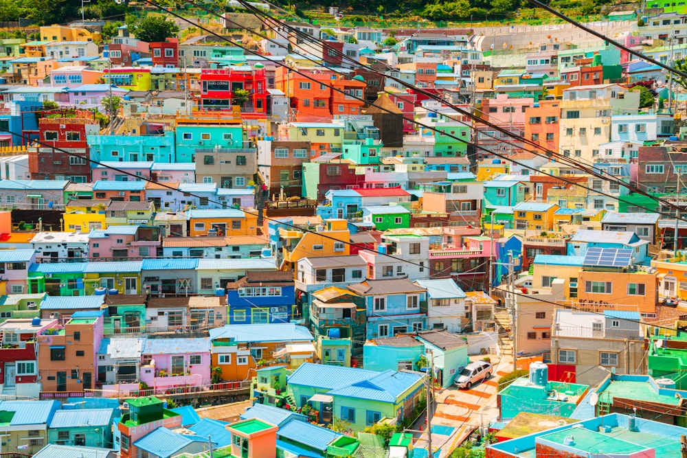 a city filled with lots of colorful houses