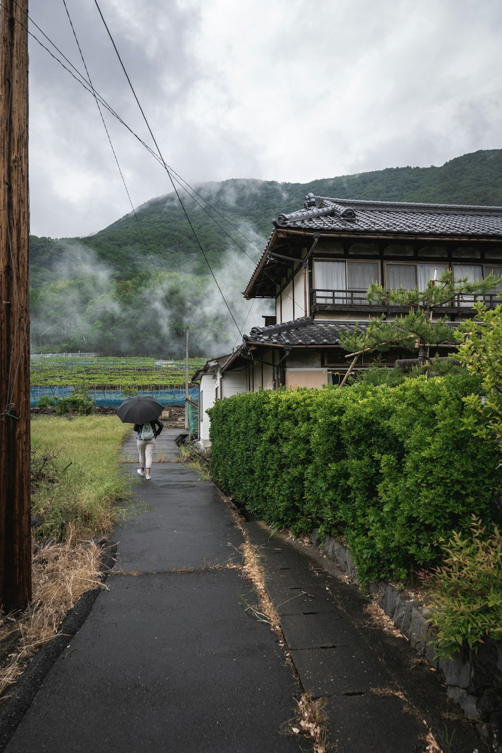 a couple of people walking down a path next to a building