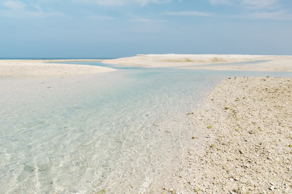 a body of water surrounded by a sandy beach