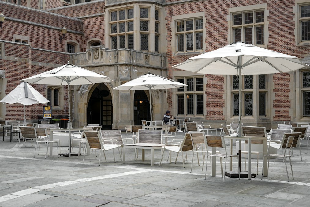 Students dining together in a bright university cafeteria