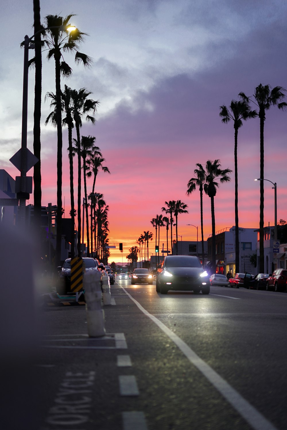 a street filled with lots of traffic next to palm trees