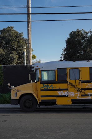 A yellow school bus with graffiti is parked on the side of a street. The bus shows signs of wear and is positioned under clear blue skies. In the background, there are tall trees and utility poles.