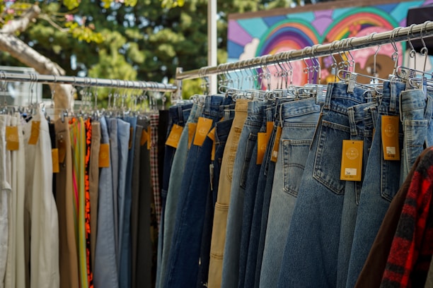 A rack of hanging pants, primarily showcasing denim jeans, with price tags attached. Various colors and styles can be seen, including lighter and darker shades, set against the backdrop of a colorful mural and leafy trees.