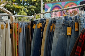 A rack of hanging pants, primarily showcasing denim jeans, with price tags attached. Various colors and styles can be seen, including lighter and darker shades, set against the backdrop of a colorful mural and leafy trees.