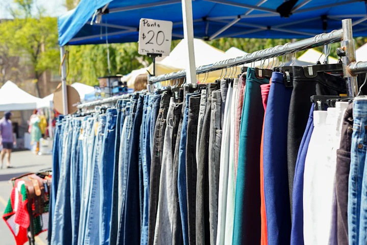 a row of jeans hanging on a rack in front of a tent