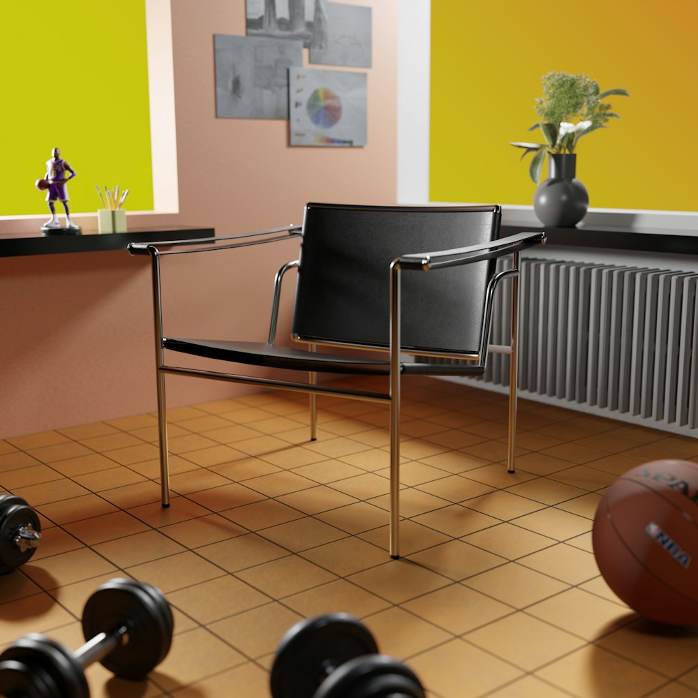 a room with a chair, a table, and a ball on the floor