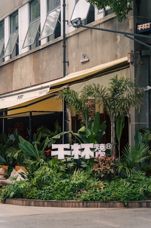 A storefront is adorned with lush green plants in a variety of textures and shades. Above the plants, there is a sign with large white letters. The building has a modern exterior with multiple open windows, and an awning provides shade over the entrance. The scene is urban and vibrant with a mix of natural and architectural elements.