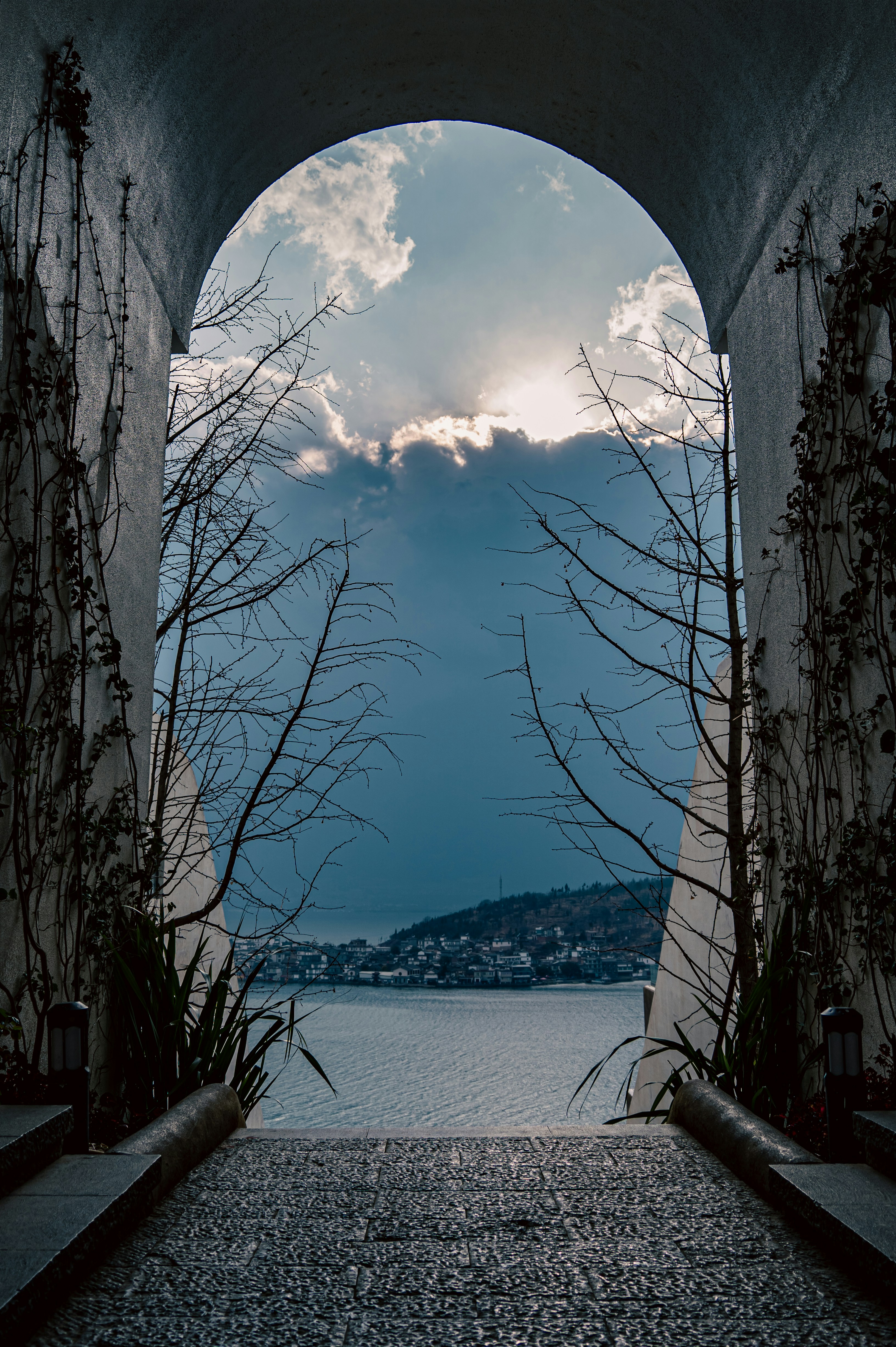 a view of a body of water through a tunnel