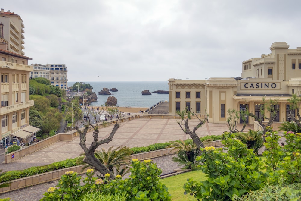 a view of the ocean from the top of a building