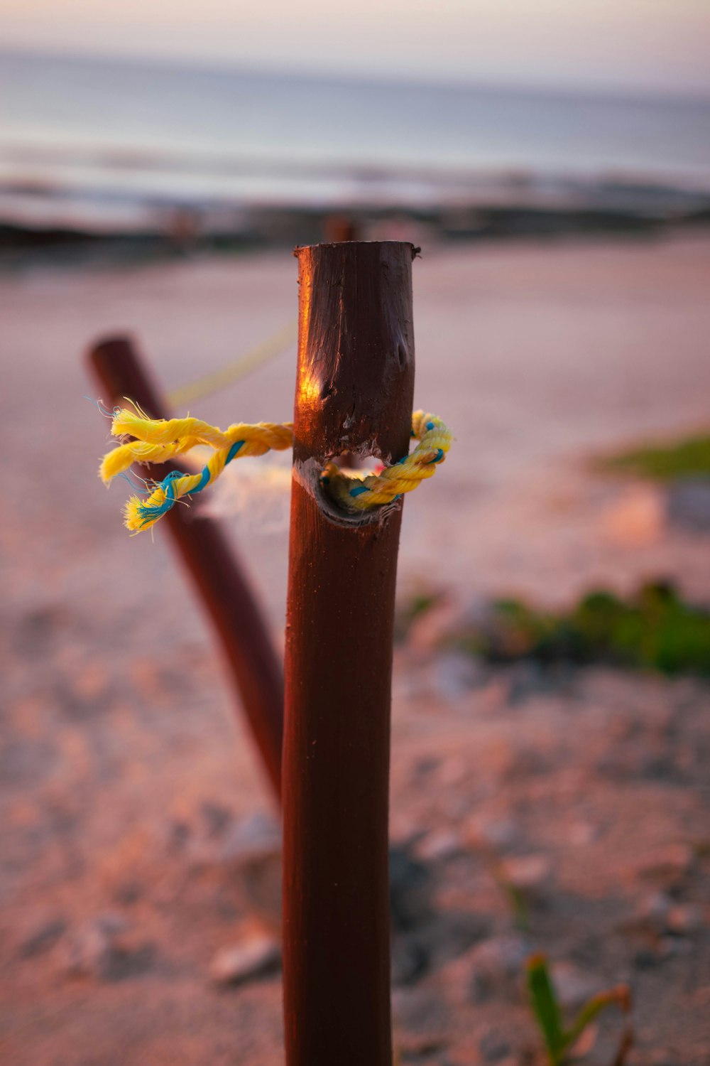 a rope tied to a wooden post on the beach