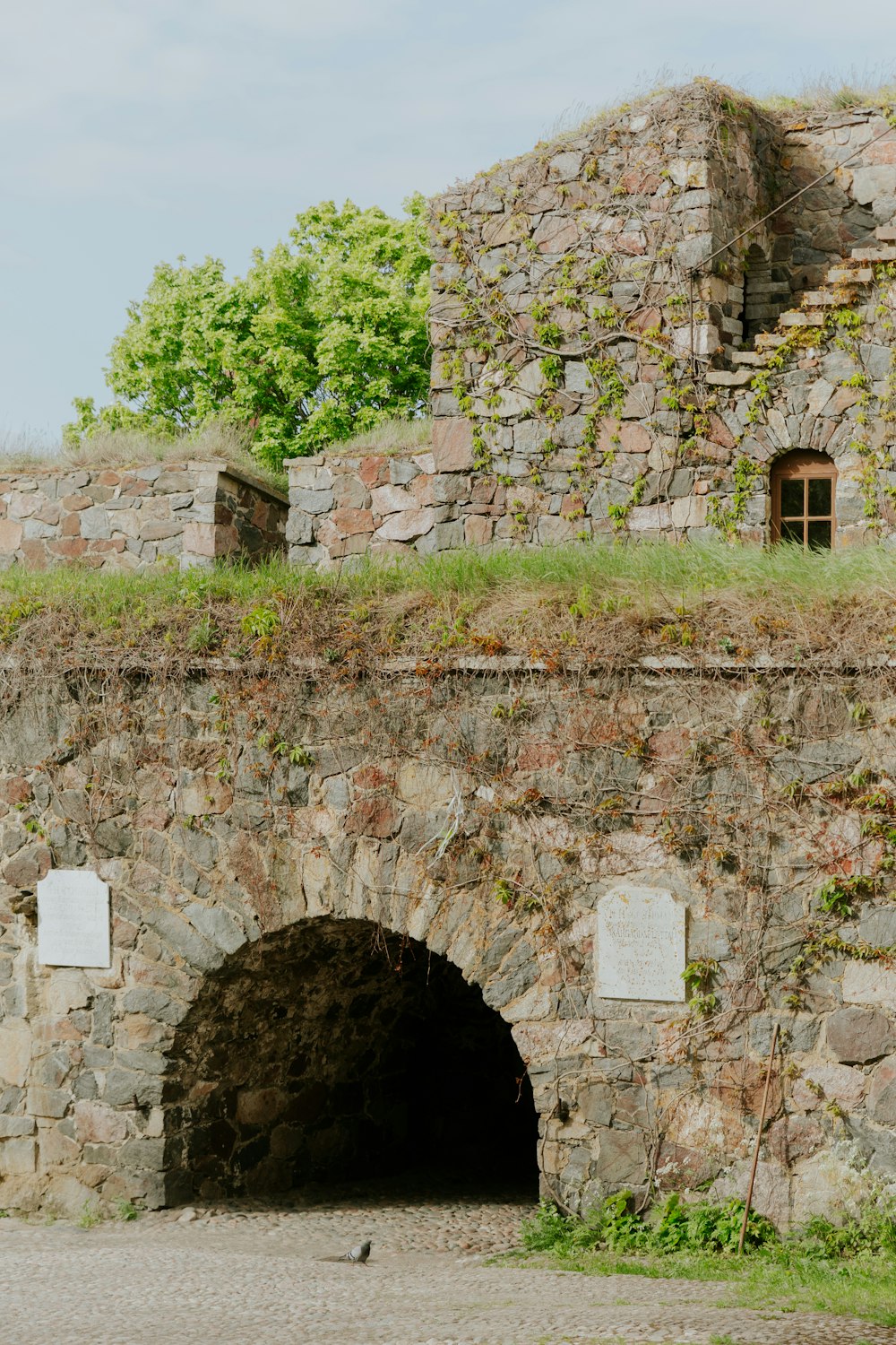 a stone tunnel with a grass covered roof