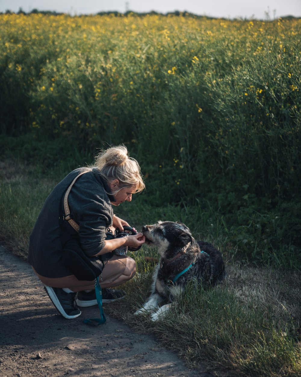 a woman petting a dog on the side of a road