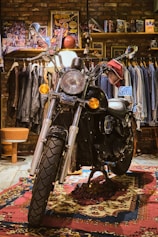 Cozy shared living room with motorcycle gear and training equipment visible