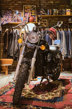 Cozy shared living room with motorcycle gear and training equipment visible