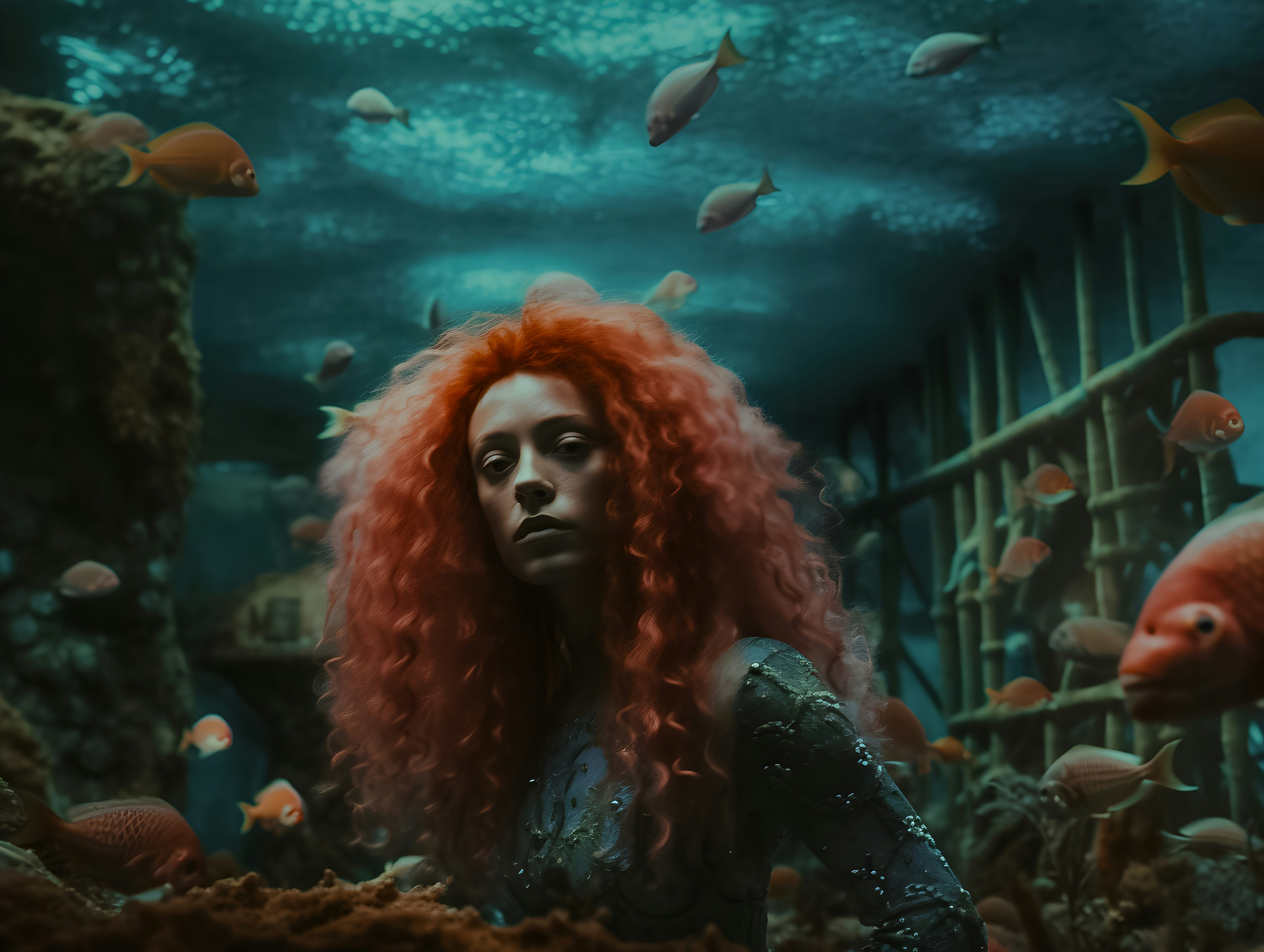 Woman with red hair underwater surrounded by fish underwater
