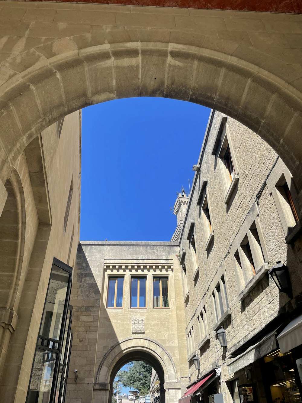 a view of a building through an archway