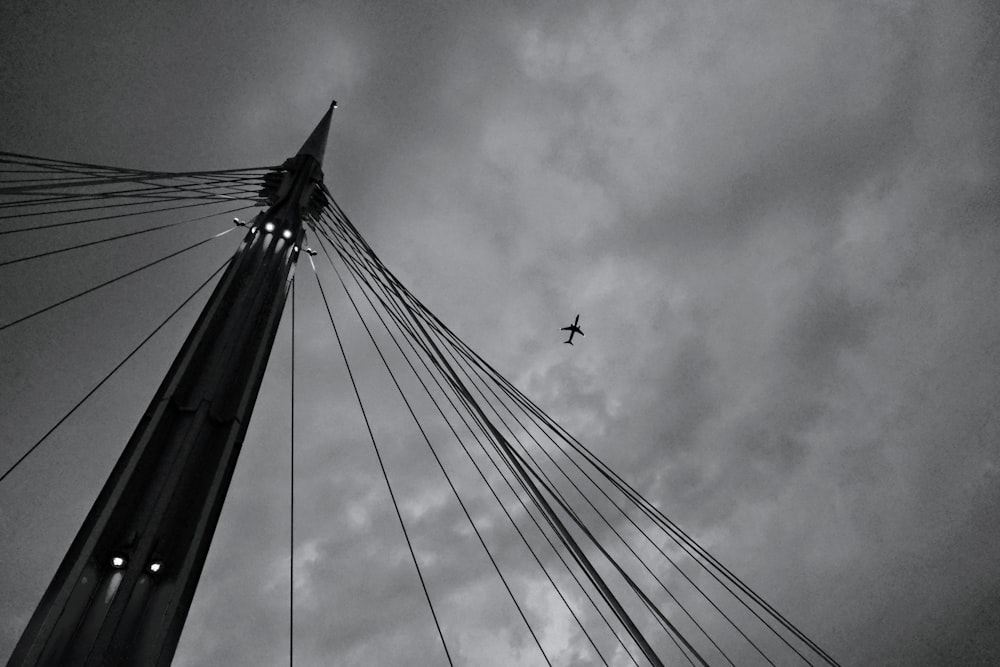 a black and white photo of a plane flying in the sky