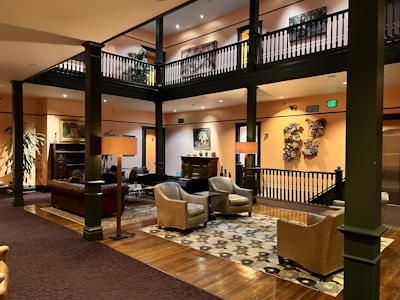 A welcoming lobby area in a hospitality setting with inviting furnishings.