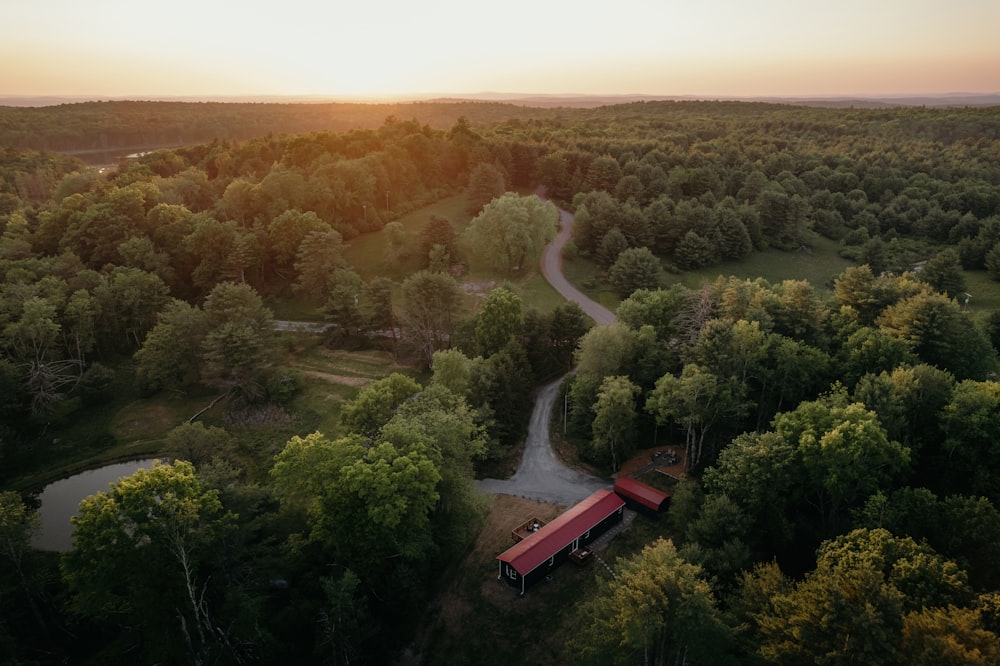 an aerial view of a dirt road surrounded by trees