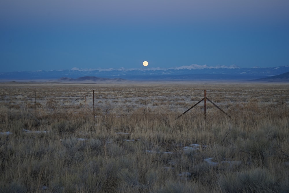 a field with a fence and a full moon in the distance
