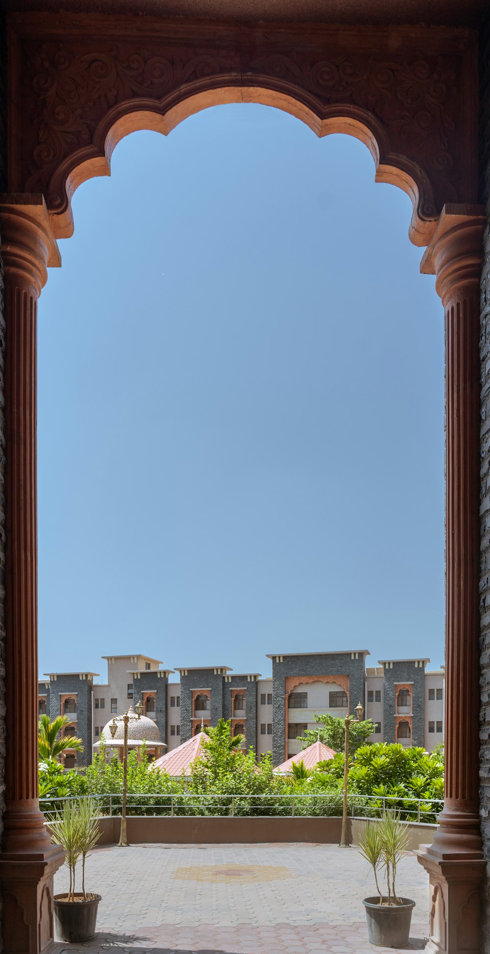 a view of a building through an archway