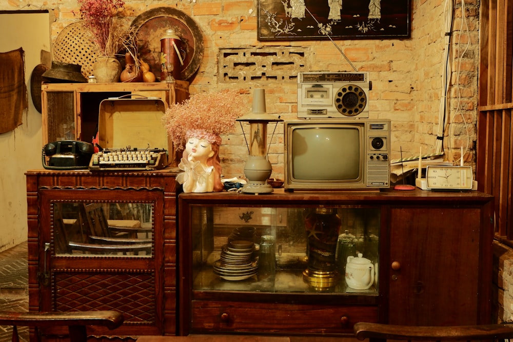 a living room with a television and a table