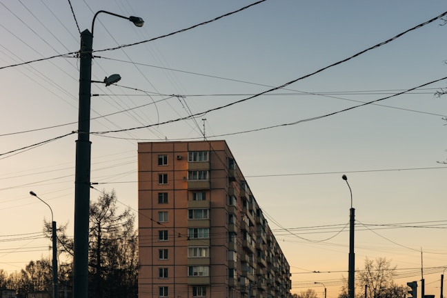 A residential building with multiple floors is situated alongside several utility poles. Numerous power lines crisscross the scene, stretching across the vivid evening sky with faint pink and blue hues. Trees without leaves are visible in the foreground and background, adding an urban and slightly stark atmosphere.