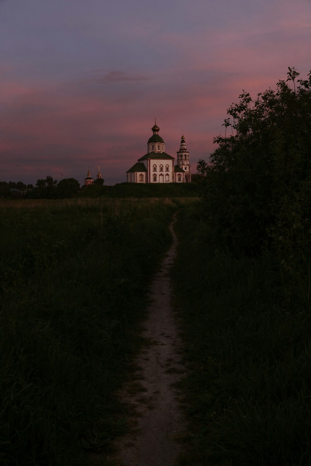 a path leading to a church in a field