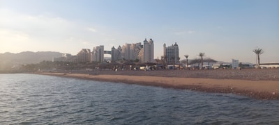 A beach scene with calm waters in the foreground and a sandy shore lined with palm trees. Several large resort buildings are visible in the background under a clear sky.